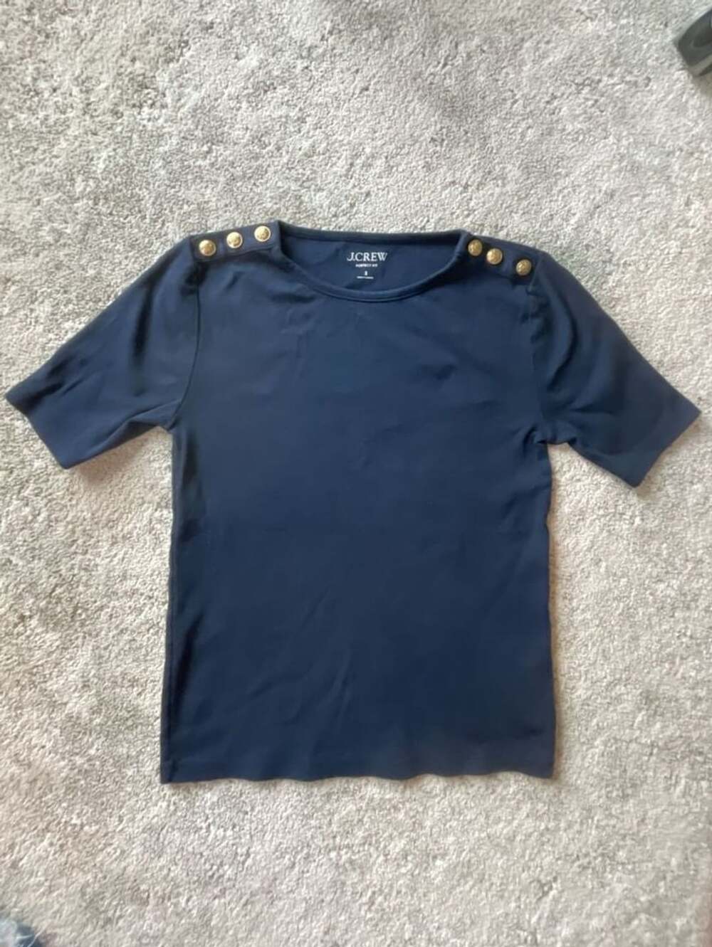 J.Crew Perfect Fit T-Shirt Size S Blue Gold Button Shoulder